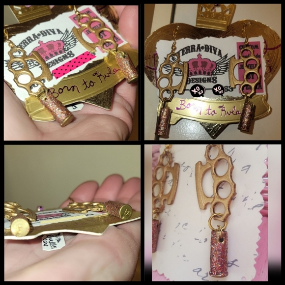 Pink glitter 22 bullet casing  brass knuckle dangle punk rock ammo earrings NWT - Picture 8 of 17